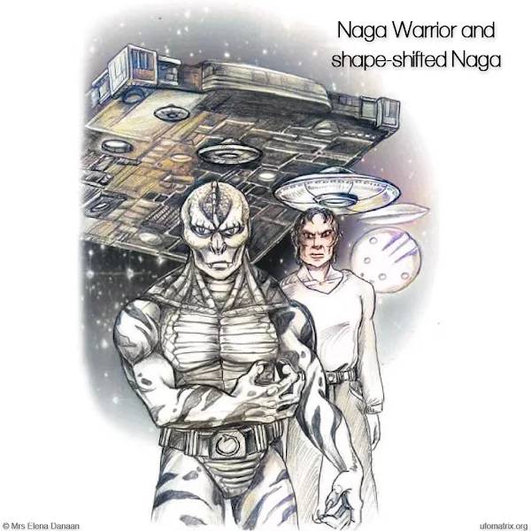Une représentation artistique mettant en scène les Nagai et les Nagari, redoutables guerriers reptiliens métamorphes, avec en toile de fond un imposant vaisseau-mère extraterrestre et des vaisseaux éclaireurs, mettant en valeur leur présence et leur technologie avancée dans le domaine extraterrestre.