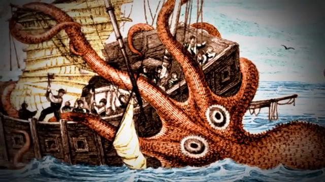 Gravure historique illustrant la légende du Kraken attaquant un navire.