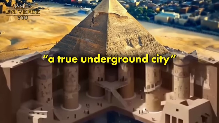 Représentation en coupe transversale de la pyramide révélant une'ville souterraine' complexe avec des niveaux et des colonnes.