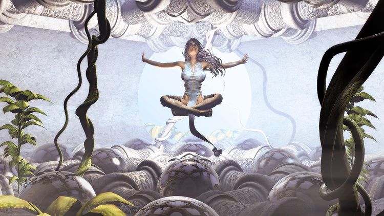 Représentation artistique d'une femme en profonde méditation, illustrant l'état de canalisation (channeling).