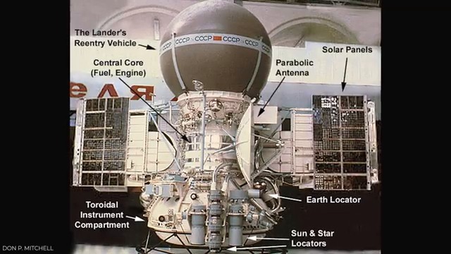 Photographie technique de l'atterrisseur Venera 9, détaillant sa structure complexe conçue pour résister aux conditions hostiles de la planète.