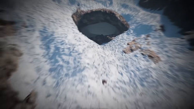 Vue aérienne reconstituée d'un immense trou béant dans la glace, illustrant l'entrée vers le monde souterrain décrit par l'Amiral Byrd.