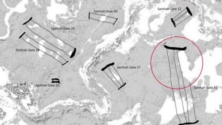 Carte des « portes » de Samhah, structures rectangulaires découvertes grâce à Google Earth.