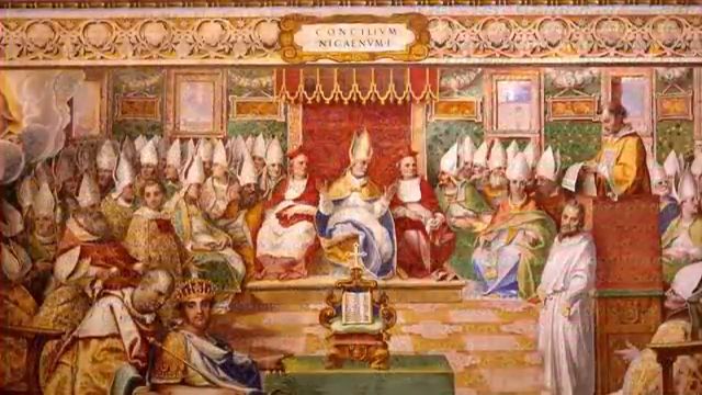Peinture historique illustrant le concile de Nicée et les premières autorités de l'Église chrétienne.