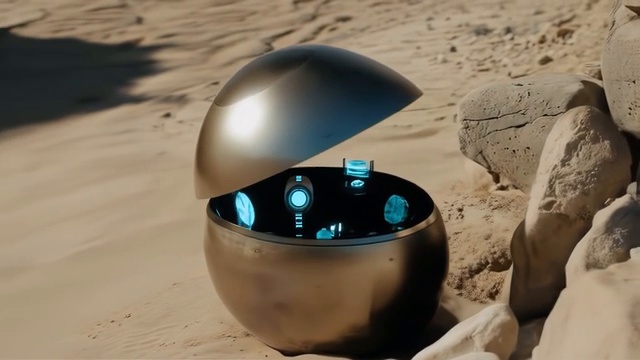 Le conteneur sphérique ouvert révélant l'équipement technologique utilisé par l'extraterrestre.