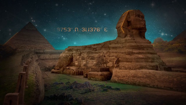Le Sphinx de Gizeh avec des mesures et des tracés géométriques, soulignant les mystères entourant les structures égyptiennes.
