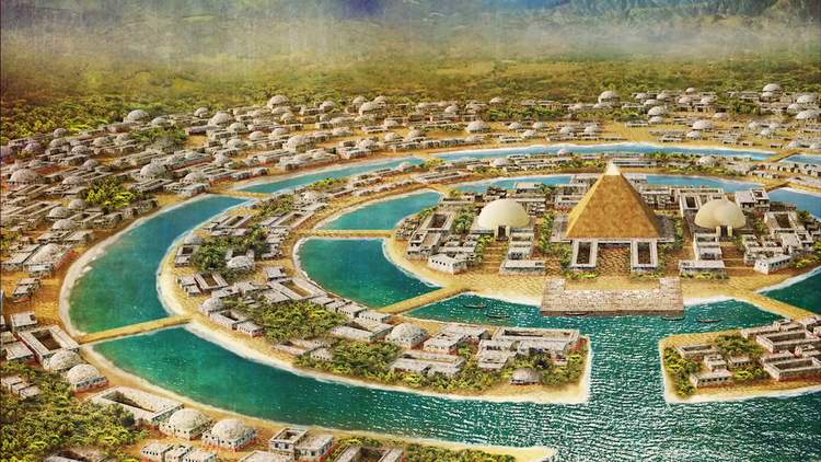 Illustration artistique d'une cité atlante circulaire avec une pyramide centrale, évoquant l'origine technologique et spirituelle de la civilisation.