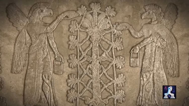 Gravure sumérienne d'un Anunnaki tenant une pomme de pin près d'un arbre en forme d'ADN