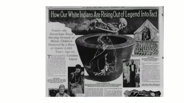 Coupure de presse historique intitulée'How Our White Indians Are Rising Out of Legend Into Fact', illustrant les découvertes archéologiques sur l'île de Catalina.