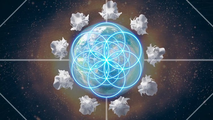 Schéma de la géométrie sacrée (Fleur de Vie) illustrant l'organisation des Seigneurs de Lumière et des Ténèbres.