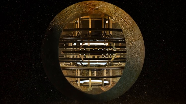 Vue en coupe de la Lune montrant une structure interne artificielle et complexe, illustrant la théorie d'un corps céleste ingénieré.