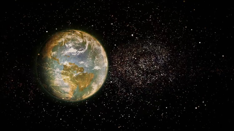 Vue de l'espace montrant la Terre sans lune, illustrant les théories sur l'état de la planète avant la mise en place du satellite.