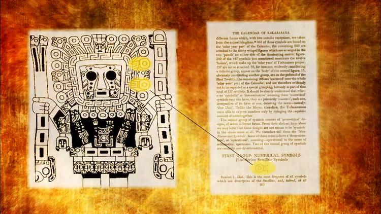 Gros plan sur une gravure ancienne du calendrier de Tiwanaku, utilisée pour argumenter sur l'existence d'un corps céleste précédent la Lune.