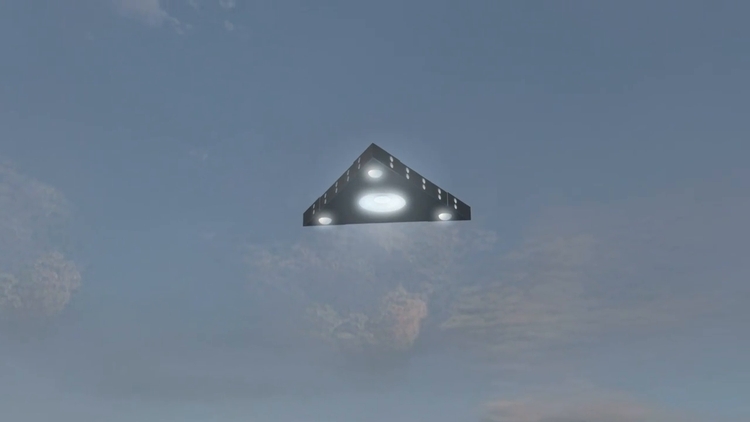 Vue d'un grand vaisseau spatial noir de forme triangulaire survolant le chantier naval.