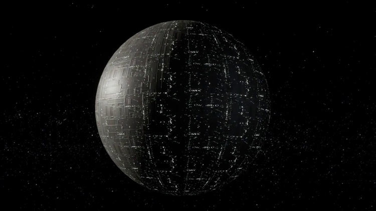 Vue spatiale d'une immense structure en forme d'œuf, identifiée comme la biosphère de l'Omicron Commonwealth.