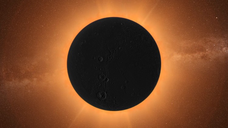 Animation illustrant une éclipse solaire totale, montrant la lune couvrant parfaitement le disque solaire.