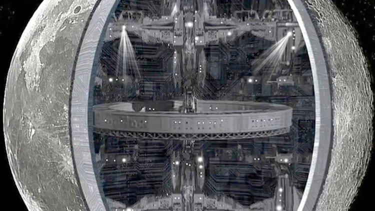Représentation artistique de l'intérieur de la lune montrant des structures complexes et des bases, illustrant la théorie de la lune creuse.
