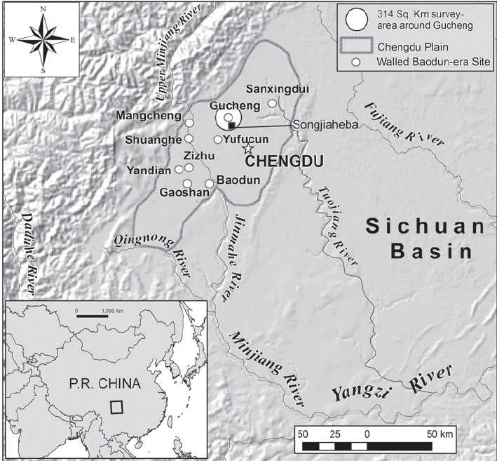 Carte de la plaine de Chengdu indiquant l'emplacement de Sanxingdui à Guanghan, Gucheng et