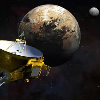 Vue d'artiste de la sonde de la Nasa New Horizons arrivant à proximité du système Pluton - Charon. © JHUAPL, SwRI