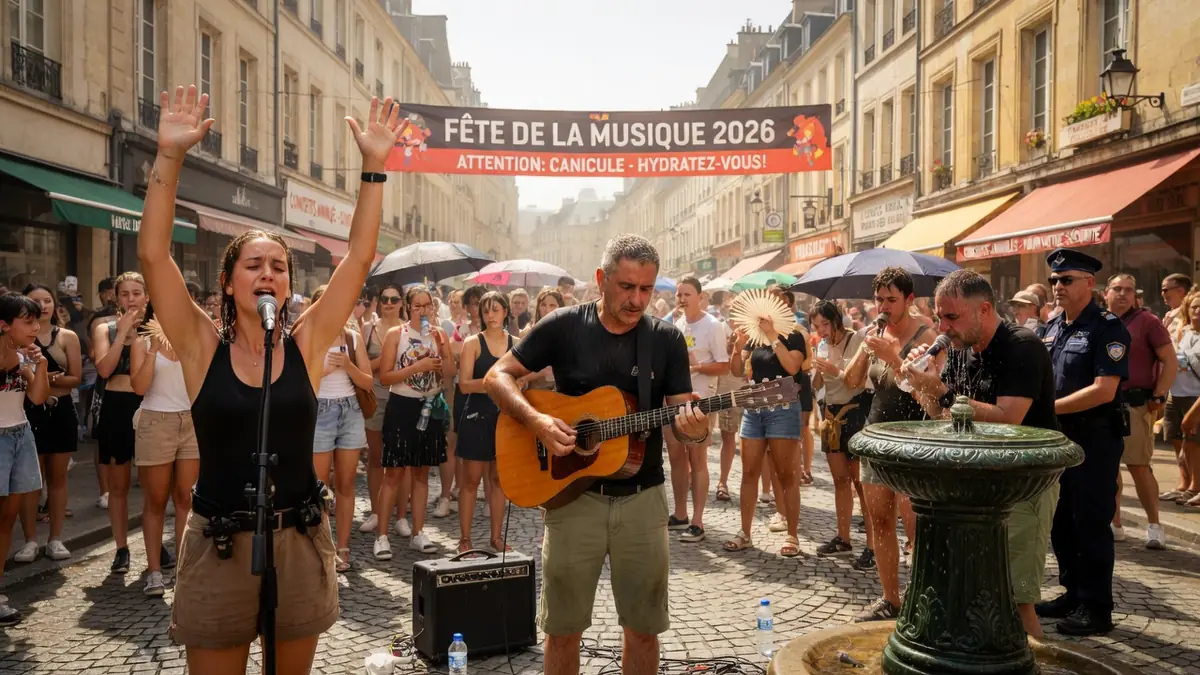 Des musiciens se produisent dans une rue bondée lors d'une fête Musique canicule avec un public cherchant de l'ombre