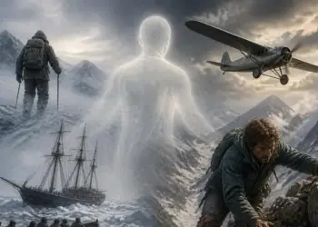 Représentation artistique illustrant le syndrome du Troisième Homme avec des explorateurs et une présence mystique