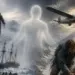 Représentation artistique illustrant le syndrome du Troisième Homme avec des explorateurs et une présence mystique