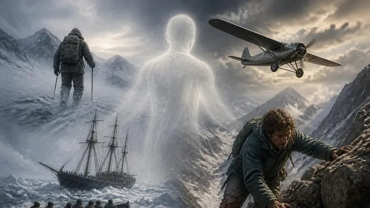 Représentation artistique illustrant le syndrome du Troisième Homme avec des explorateurs et une présence mystique