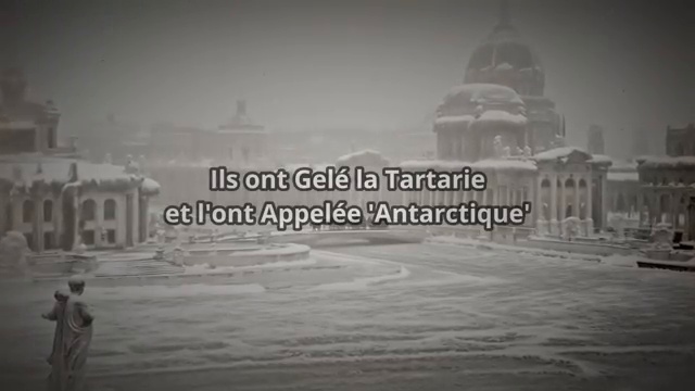 Vue panoramique d'une ville classique enneigée avec le texte'Ils ont Gelé la Tartarie et l'ont Appelée Antarctique'.