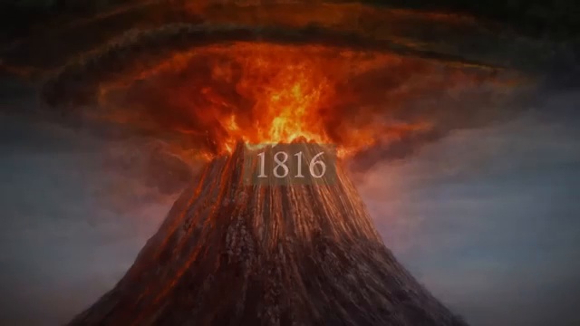 Représentation visuelle d'une éruption volcanique massive, faisant référence à l'éruption du Mont Tambora en 1816.