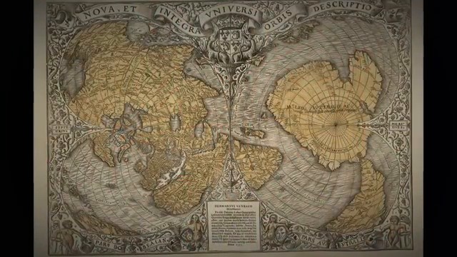 Carte historique d'Oronteus Finaeus représentant l'Antarctique sans glace, illustrant les anomalies cartographiques.