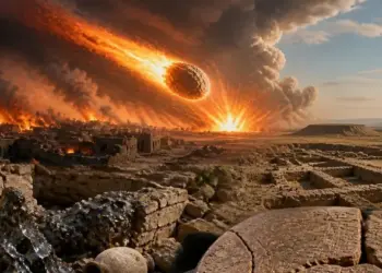 Représentation artistique de l'impact de l'astéroïde Sodome et Gomorrhe détruisant une cité antique