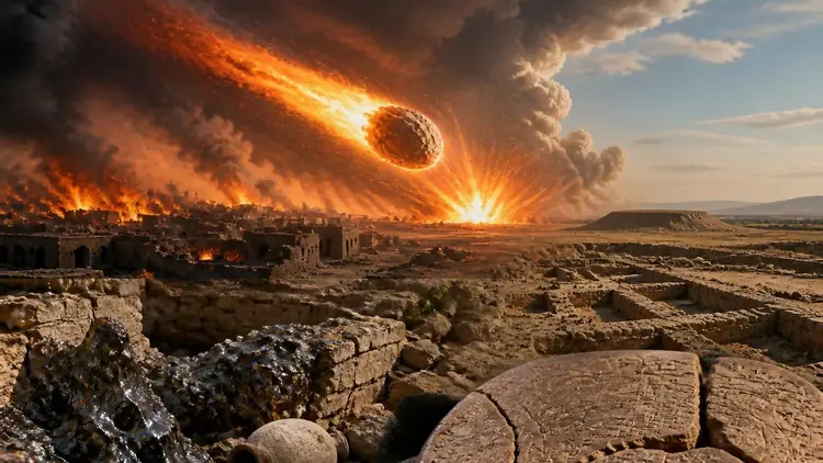 Représentation artistique de l'impact de l'astéroïde Sodome et Gomorrhe détruisant une cité antique