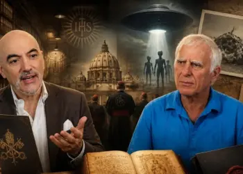 Deux hommes discutent de la divulgation extraterrestre vatican devant une image du dôme de Saint-Pierre et d'un ovni