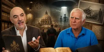 Deux hommes discutent de la divulgation extraterrestre vatican devant une image du dôme de Saint-Pierre et d'un ovni