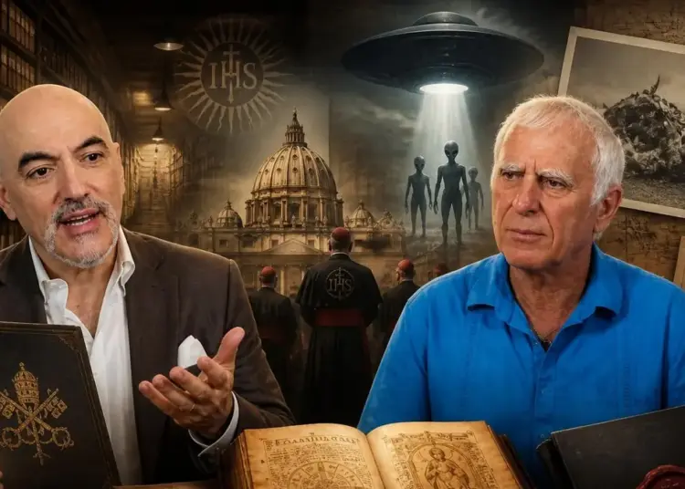 Deux hommes discutent de la divulgation extraterrestre vatican devant une image du dôme de Saint-Pierre et d'un ovni