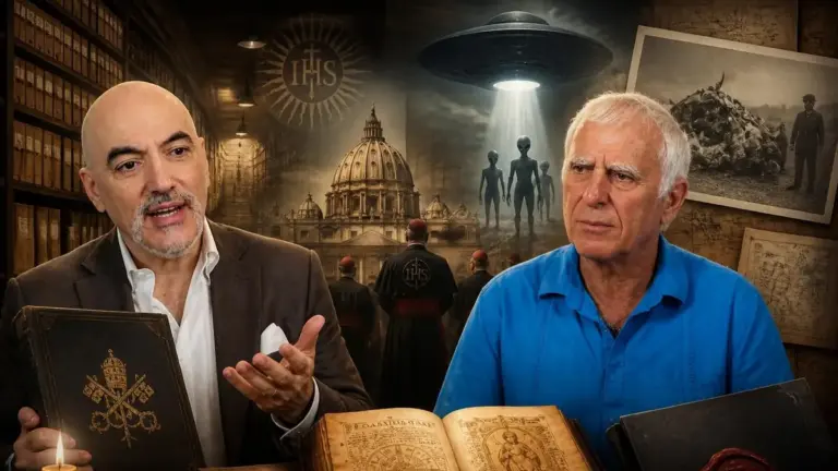 Deux hommes discutent de la divulgation extraterrestre vatican devant une image du dôme de Saint-Pierre et d'un ovni