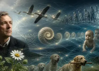 Un homme observe un paysage onirique illustrant la théorie de la résonance morphique entre les êtres vivants