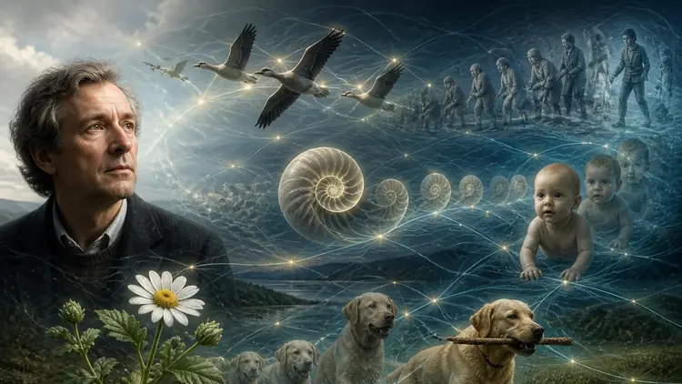 Un homme observe un paysage onirique illustrant la théorie de la résonance morphique entre les êtres vivants