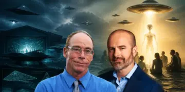 Deux hommes devant un ciel rempli d'ovnis évoquant le débat sur Christopher Mellon UAP