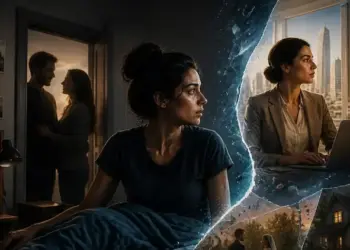 Une femme réfléchit à des univers parallèles réels en observant différentes versions de sa propre vie déchirées