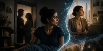 Une femme réfléchit à des univers parallèles réels en observant différentes versions de sa propre vie déchirées