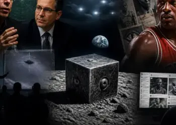 Montage illustrant un cube mystérieux et des figures publiques dans le cadre d'un débat sur la divulgation Ovni