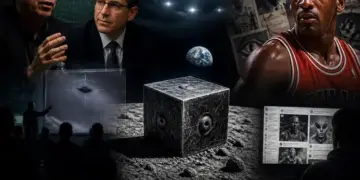 Montage illustrant un cube mystérieux et des figures publiques dans le cadre d'un débat sur la divulgation Ovni