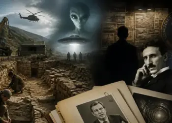 Montage illustrant des phénomènes paranormaux et historiques liés à des secrets d'état cachés au public