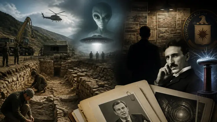 Montage illustrant des phénomènes paranormaux et historiques liés à des secrets d'état cachés au public
