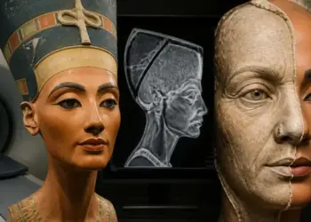 Analyse scientifique et radiographie montrant les détails cachés du buste de Néfertiti