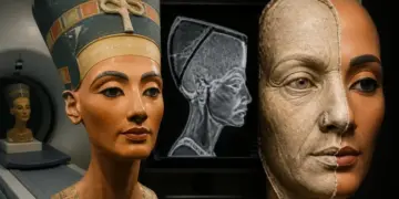 Analyse scientifique et radiographie montrant les détails cachés du buste de Néfertiti