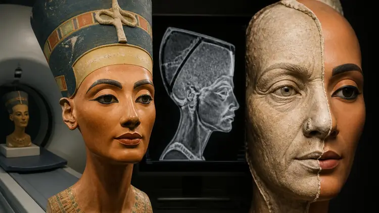 Analyse scientifique et radiographie montrant les détails cachés du buste de Néfertiti