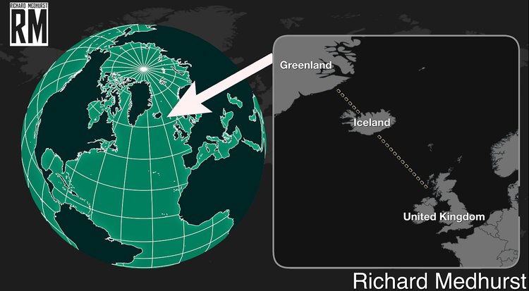 « Carte stratégique du corridor Groenland-Islande-Royaume-Uni (GIUK) illustrant le blocus naval mis en place par l'opération Arctic Sentry à l'encontre des pétroliers et des méthaniers russes. »