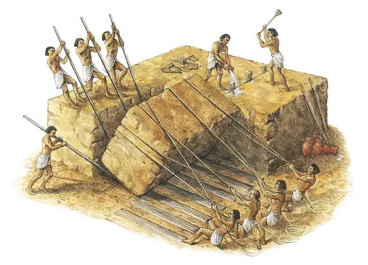 Représentation artistique de la construction d'une pyramide